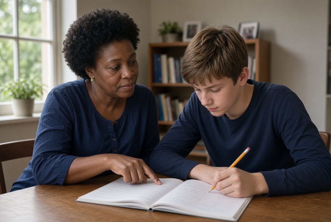 A teacher helping a 14-year-old student during an extra class