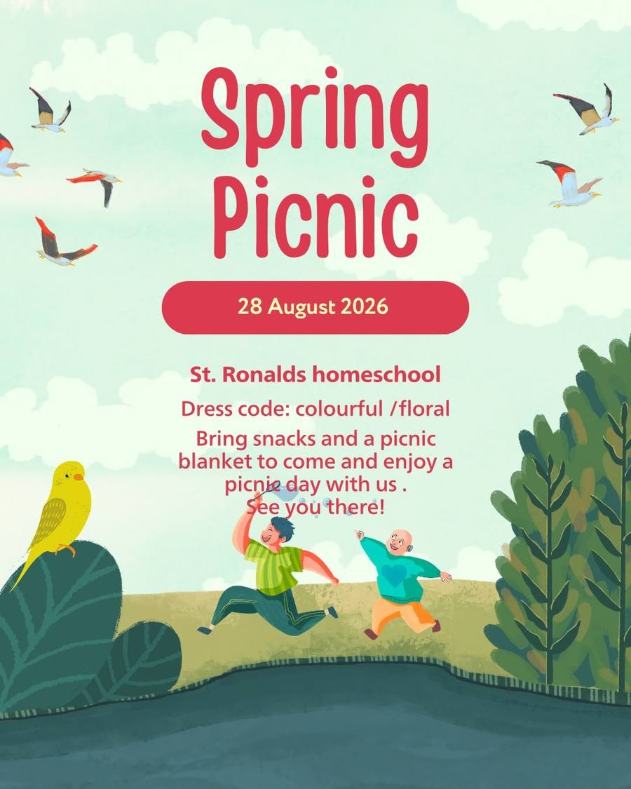 Spring Picnic poster for St. Ronald's Homeschool Tutor Centre – 28 August 2026, colourful / floral dress code