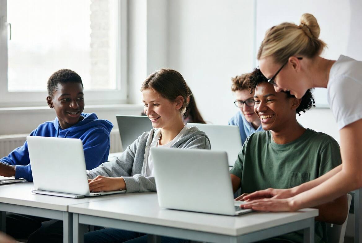 Teacher assisting students with open laptops at St. Ronald's Homeschool Tutor Centre in Brackenhurst, Alberton